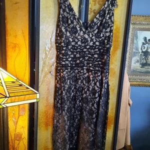 Vintage Black Lace over Golden Lining Knee Length Evening Dress